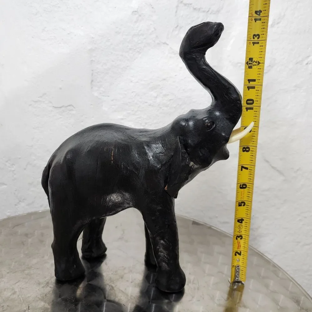 Vtg Black Leather Wrapped Elephant Statue Figurine Trunk Up MCM Safari Decor 11